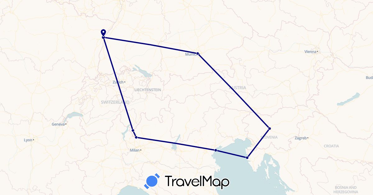 TravelMap itinerary: driving in Switzerland, Germany, France, Croatia, Italy, Slovenia (Europe)